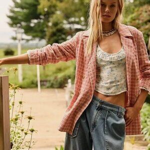 Free People Olivia Gingham Blazer Jacket Pink Size XS NWT Retail $178